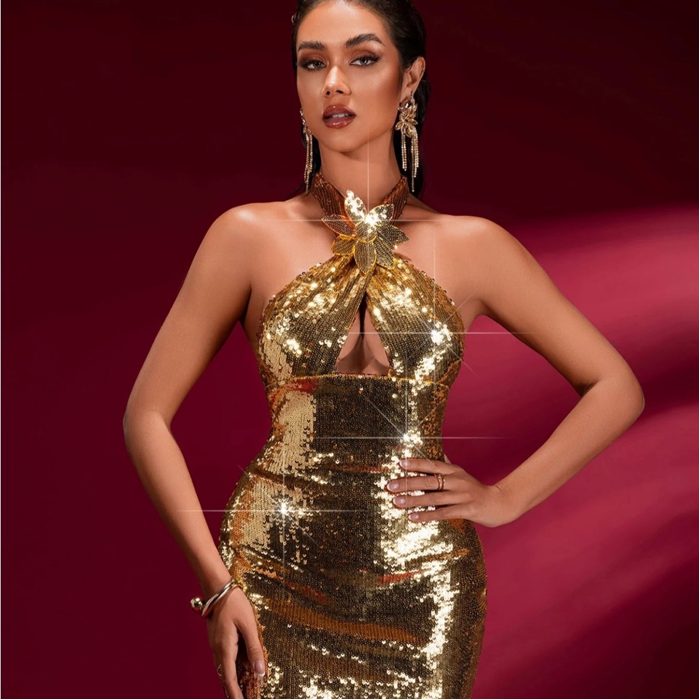 Elegant‎ Gold Sequin Backless Dress
